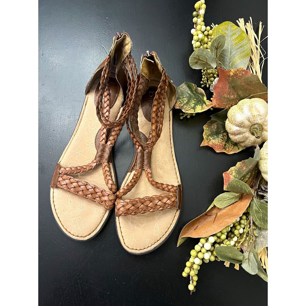 b.o.c. By Born Brown Macedonia Leather Braided Gladiator Ankle Zip Sandals Sz 10